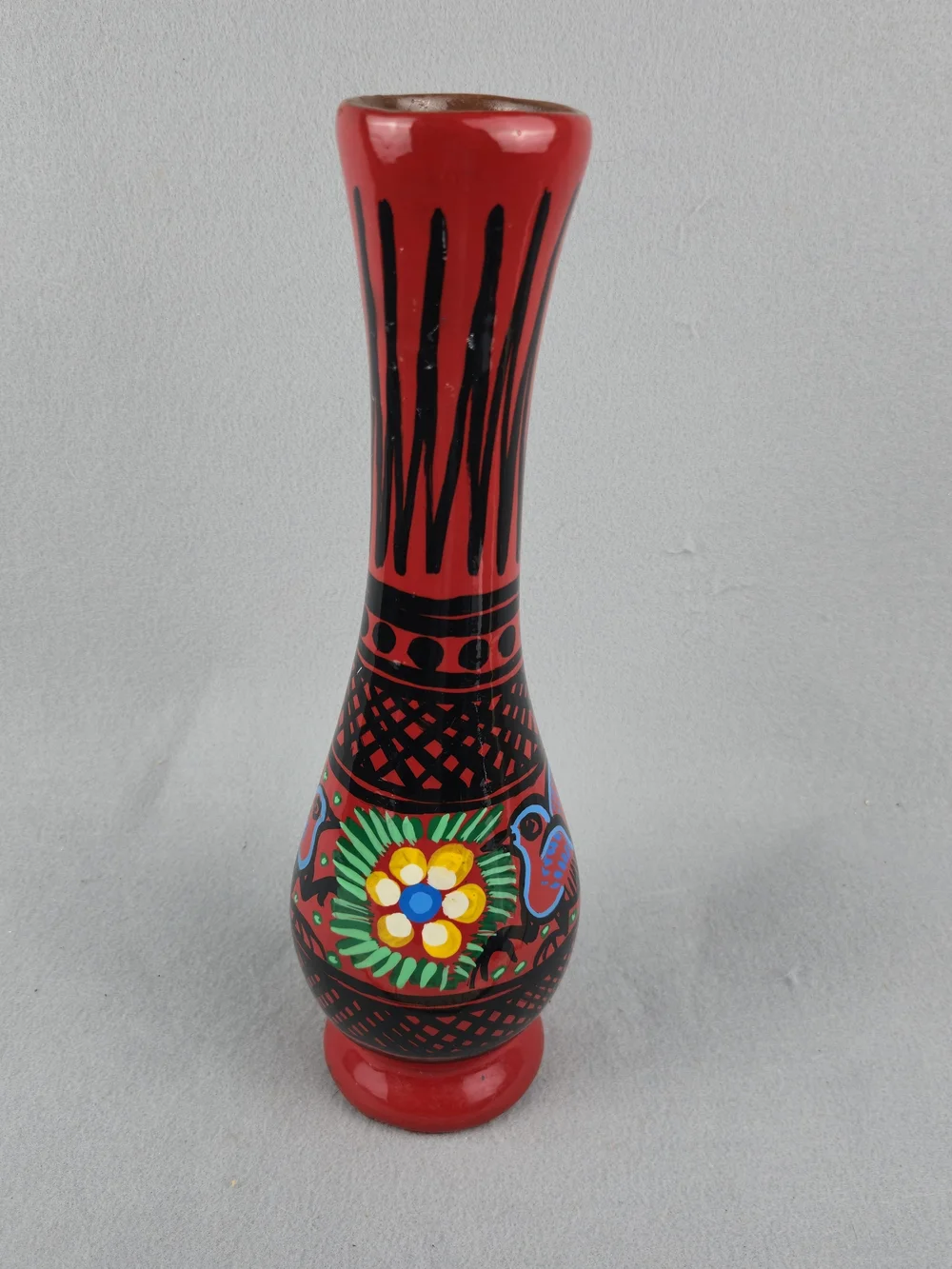 Vintage Mexican Clay Vase Hand Painted Bird Floral Folk Art Decor 13